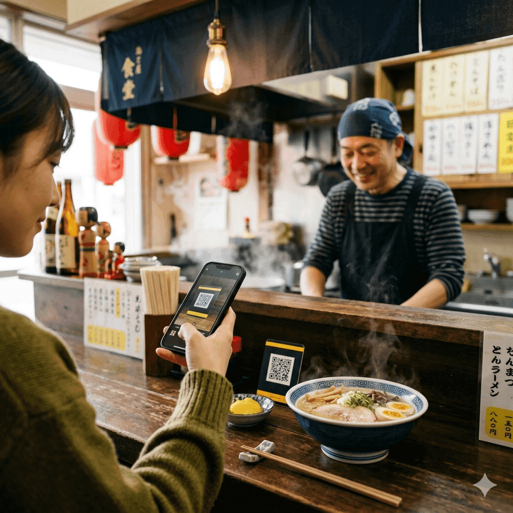 ラーメン店のカウンターで、湯気の立つどんぶりの横に置かれたQRコードをスマホで読み取るお客さま