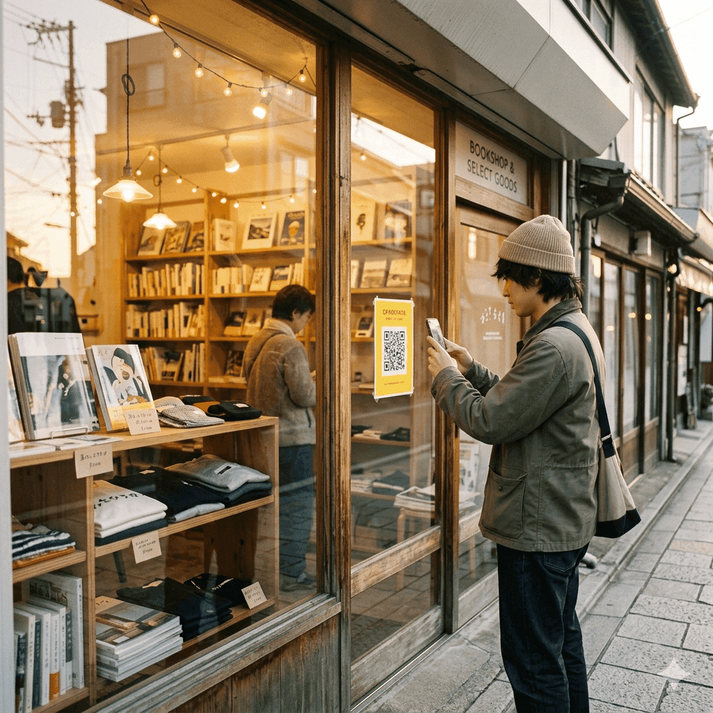 夕暮れの商店街で、書店兼セレクトショップの店頭に貼られたQRコードをスマホで読み取る通行人